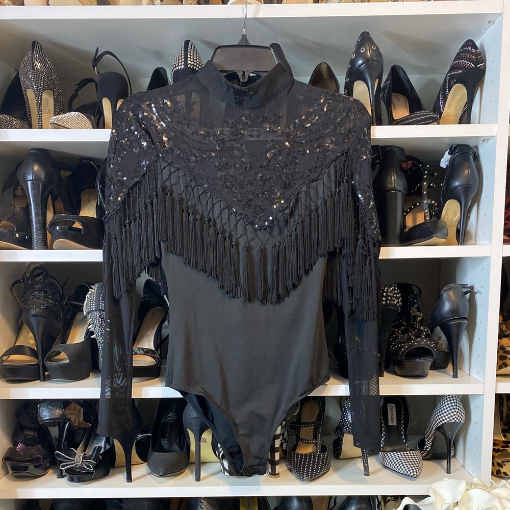 Sequins and Tassels Black Bodysuit